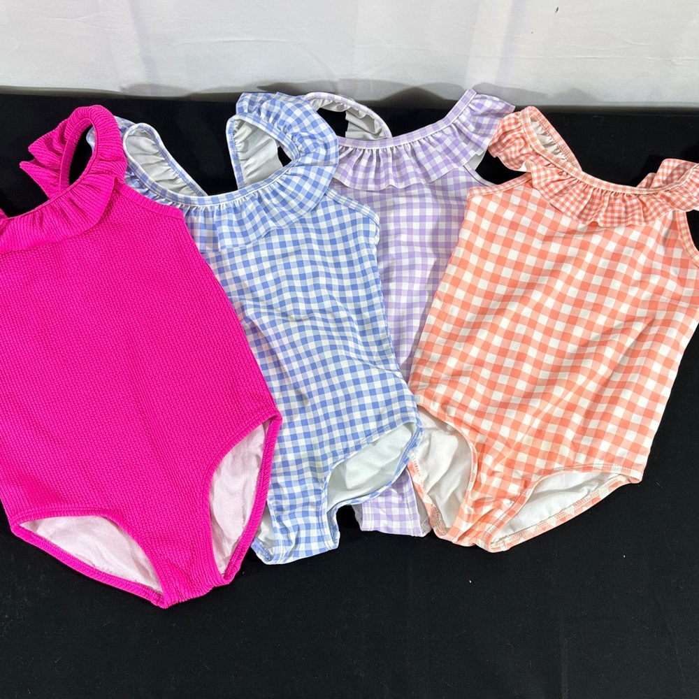 Girls' Ruffled Neck One-Piece Swimsuits- Pink, Blue, Purple, Peach Gingham